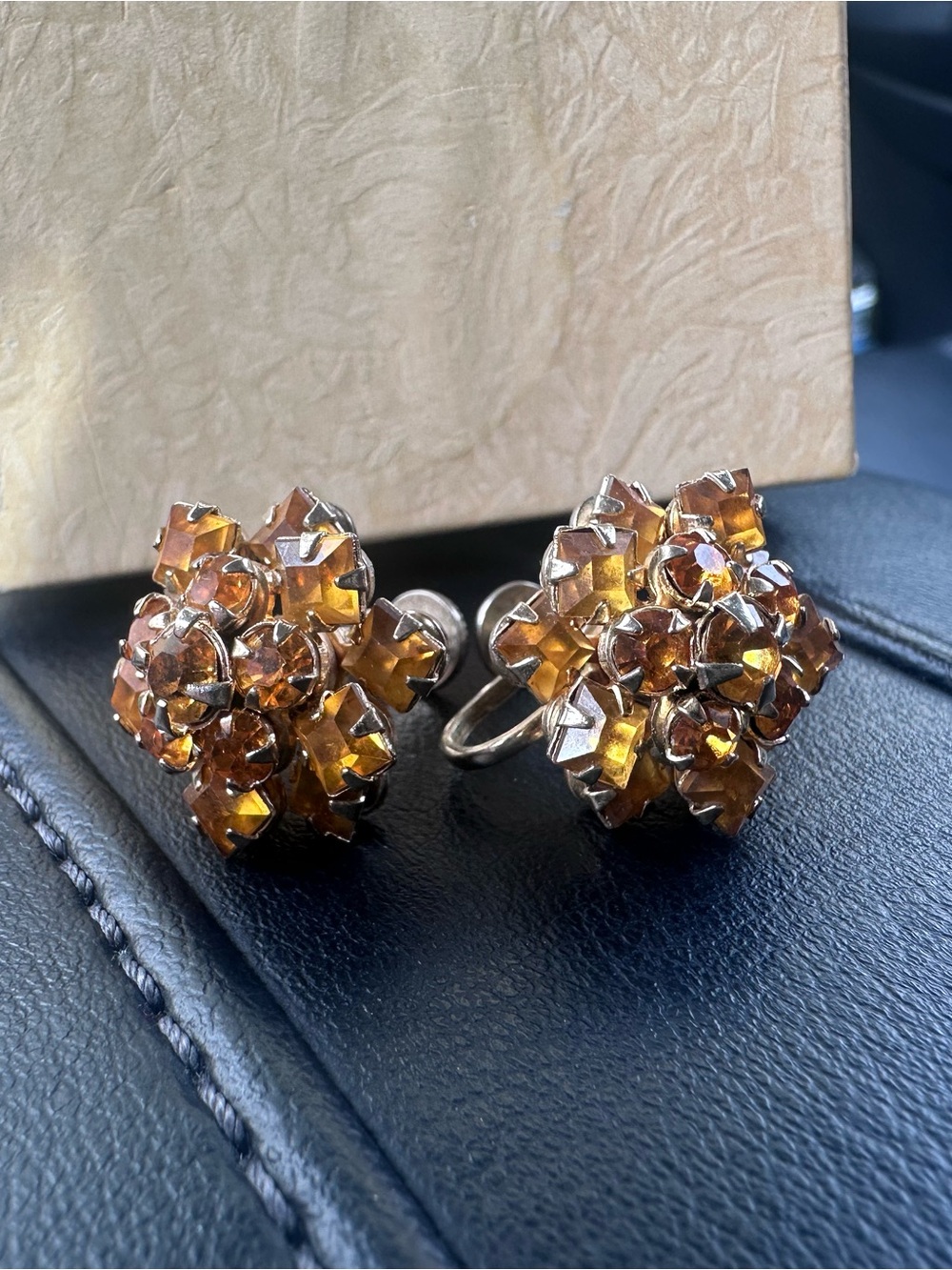 Vintage Amber Rhinestone Cluster Screwback Earrings Mid-Century Statement
